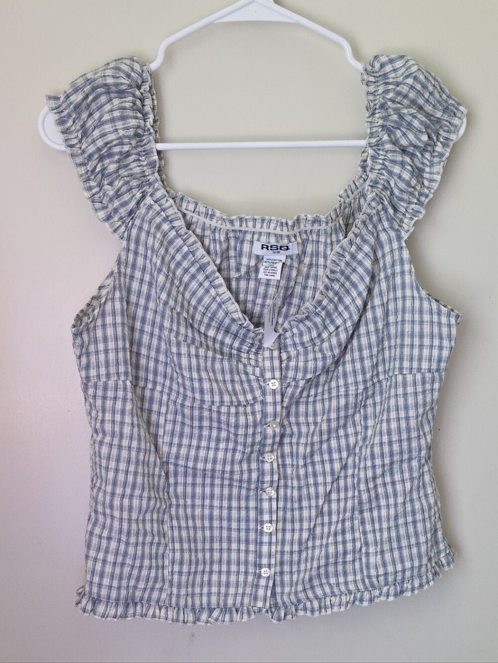 RSQ Blue & White Gingham Ruffle Strap Button-Front Camisole